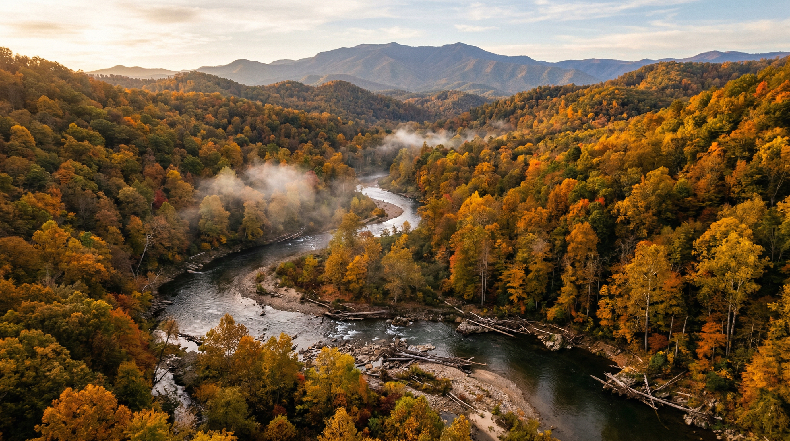Fountain Creek winding through the Tennessee hills — the source of Hearthborn's driftwood