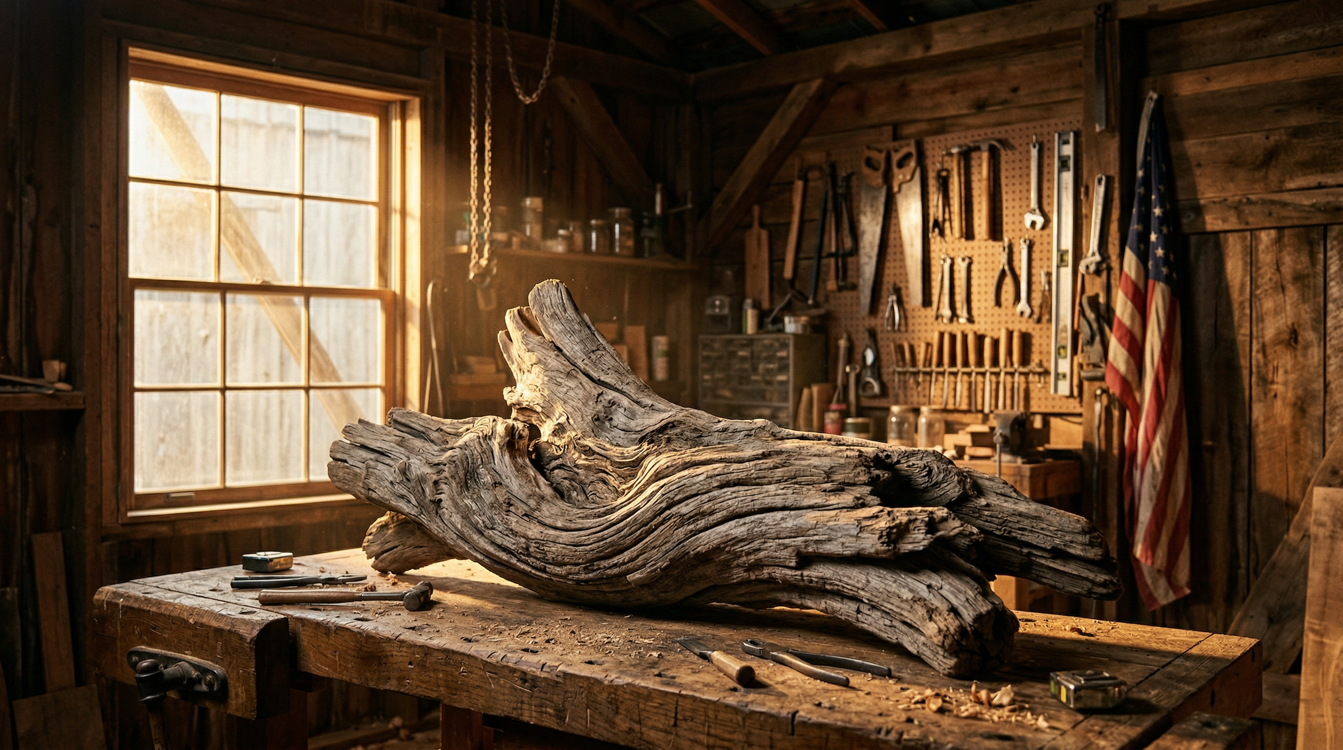 A piece of driftwood on a craftsman's workbench in a rustic Tennessee workshop with warm golden light