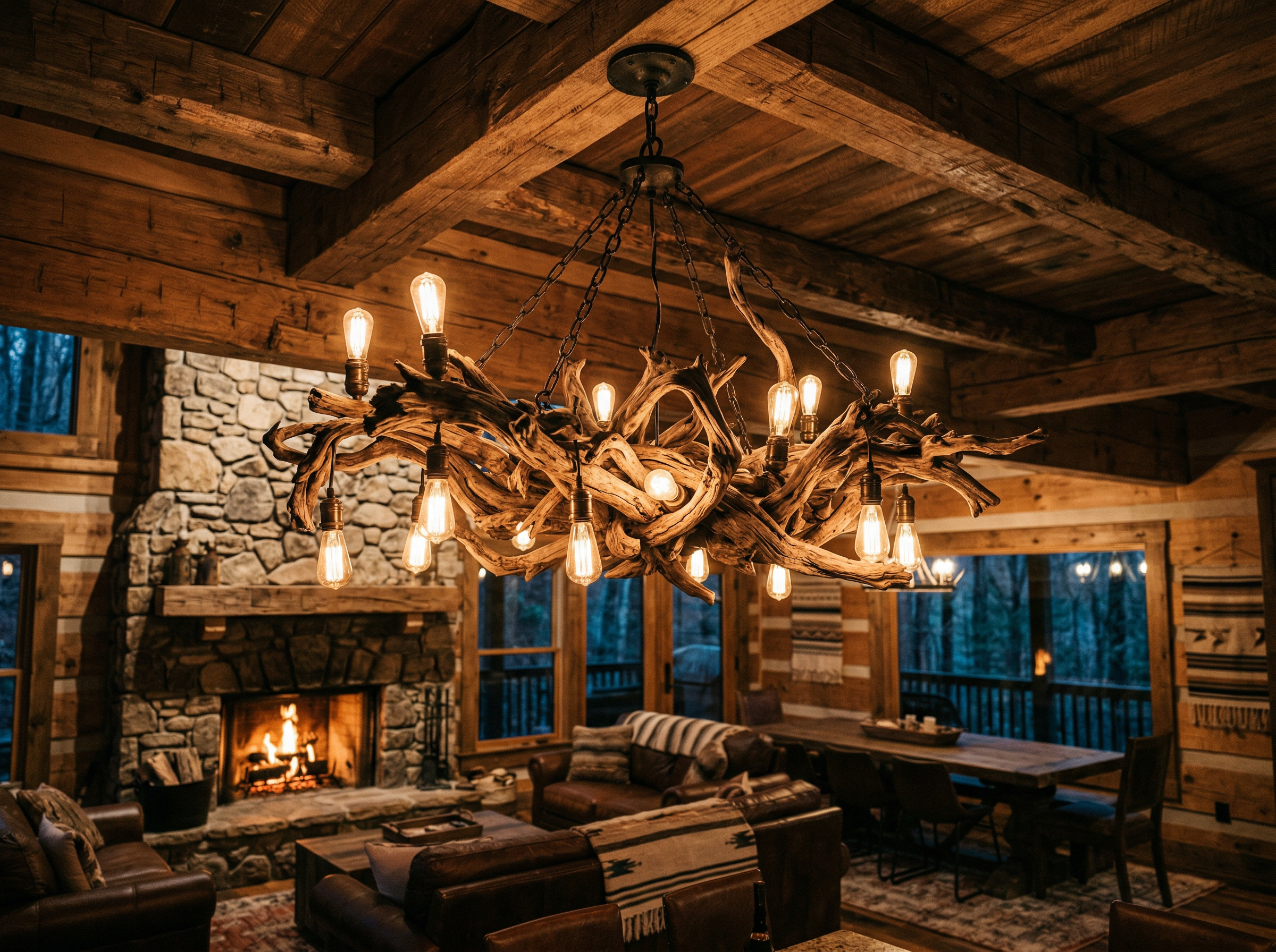 A handcrafted driftwood chandelier with Edison bulbs in a rustic Tennessee cabin