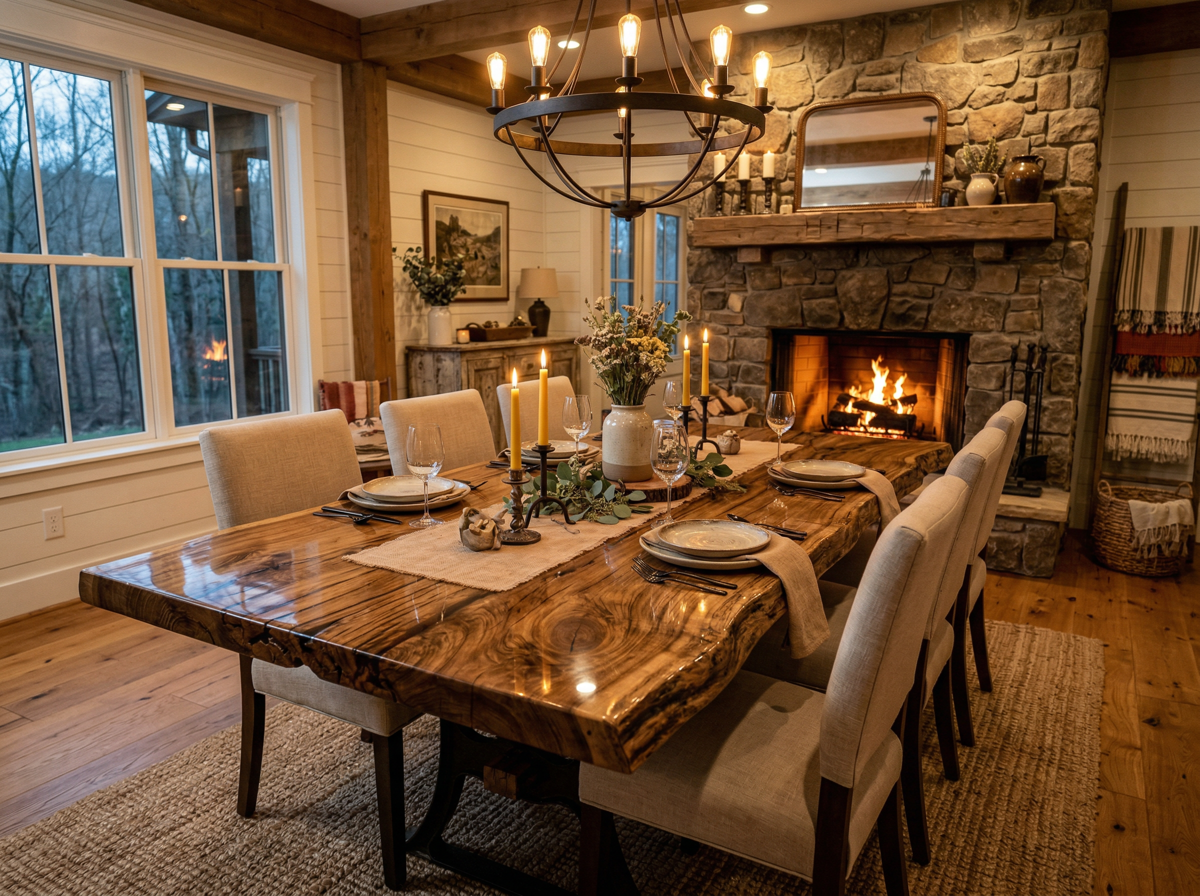 A stunning live-edge driftwood dining table in a Tennessee farmhouse with stone fireplace